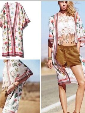 H&M Coachella Floral Sheer Kimono Duster with Coral Trim Size M